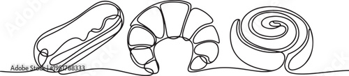 Pastries, sweet buns one line set art. Continuous line drawing of eclairs, croissant, cinnabon. one line Icon drawing