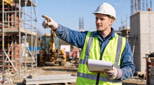 Construction manager in hard hat and safety vest pointing while holding clipboard. Male engineer directing work on building site. Industrial project