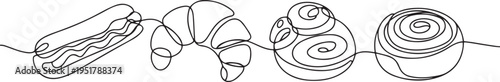 Pastries, sweet buns one line set art. Continuous line drawing of eclairs, croissant, cinnabon. one line Icon drawing