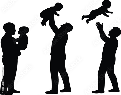 Black silhouettes of adults bonding with babies through playful lifting, holding, and tossing gestures, symbolizing love, care, affection, family connection, and joyful parenthood moments