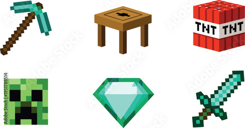 Pixel game items vector set. Pickaxe, sword, diamond, TNT, creeper, and crafting table. Retro 8-bit assets for gaming, UI, and digital design.