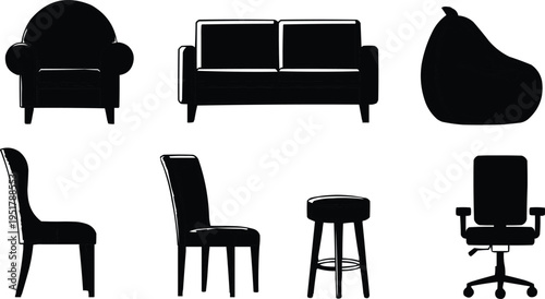 The image shows black and white icons representing different types of furniture. The design of the sofa or couch is simple and modern. A chair with a high back and four legs. A small stool or ottoman 
