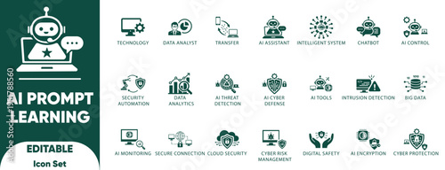AI Prompt Learning Icon Set. brain, knowledge, learning, big data, information, education, course, and solid icons.
