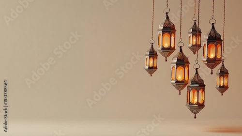 Hanging Lanterns on Beige Background.