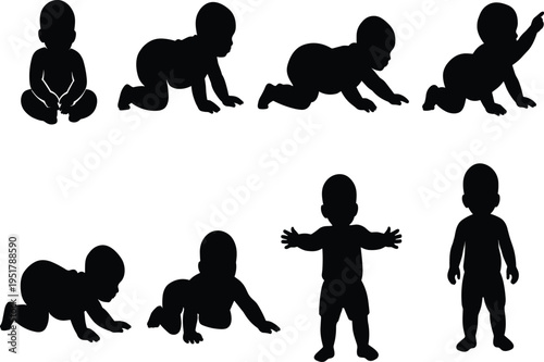 Black silhouettes of baby growth stages showing sitting, crawling, and standing milestones, symbolizing infant development, childhood progress, motor skills, and educational illustration design