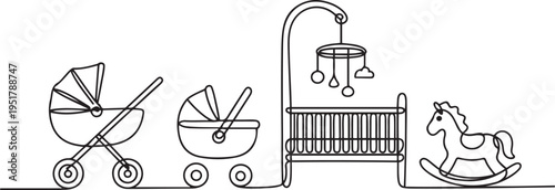 baby stroller, baby carrier, bed, mobile and horse toy one line art. Continuous line drawing of childhood, safety, protection, crib. one line Icon drawing