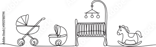 baby stroller, baby carrier, bed, mobile and horse toy one line art. Continuous line drawing of childhood, safety, protection, crib. one line Icon drawing