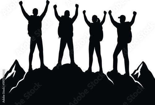 Black silhouettes of hikers celebrating mountain summit achievement, symbolizing teamwork, adventure, exploration, success, outdoor climbing, and triumph against stylized