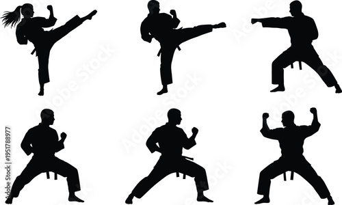 Black silhouettes of martial artists performing dynamic kicks, punches, and defensive stances in traditional uniforms, ideal for combat sports, training, fitness, and cultural design concepts