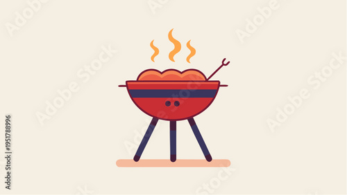 Flat illustration of barbecue grill with hot food and smoke on simple background