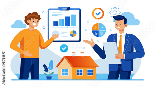 Flat illustration of home insurance consultation with client and agent analyzing climate risk data and property protection