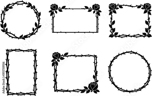 Black silhouettes of ornate thorny vine and rose decorative frames, symbolizing gothic romance, floral design, vintage borders, invitation artwork, and elegant illustration decor