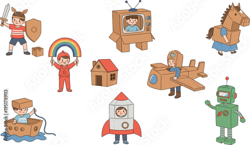 Kids playing with cardboard toys collection including robot rocket airplane horse television and house creative play vector illustration set