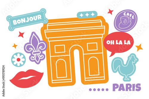 Paris Travel Stickers Set Arc de Triomphe Bonjour Cafe French Symbols Icons Collection Colorful Tourism Collage With Landmark Coffee Cup Fleur De Lis Rooster Lips Vector Illustration