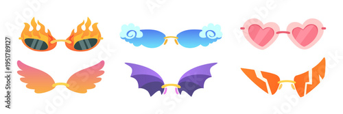 Novelty Sunglasses Set Colorful Costume Glasses With Flame Heart Wing Bat Frames Party Festival Cosplay Eyewear Collection Vector Illustration Isolated