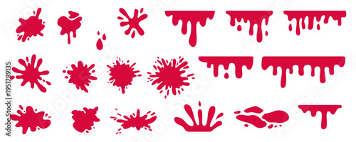 
Red Paint Splatter Drip Ink Splash Vector Set Abstract Liquid Splatters Dripping Drops Blobs And Stains Graphic Elements Collection Isolated On White Background
