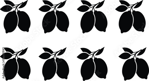 Black silhouettes of paired lemons with leaves arranged in grid pattern, ideal for fruit design, botanical illustration, healthy lifestyle, and decorative vector concepts