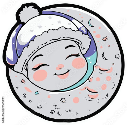 Colorful bold line art sticker of a sleepy moon wearing a nightcap, cozy cute design, white background 2