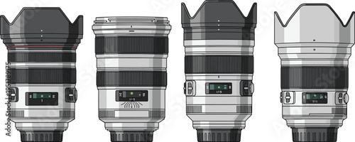 Vector illustration set of professional camera lenses featuring focus rings, lens hoods, switches, photography equipment, and optical design icons.