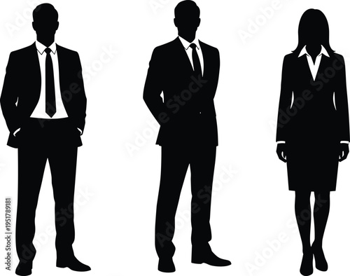 Black silhouettes of professional business people in corporate attire, representing workplace diversity, teamwork, leadership, and career concepts, ideal for office design and corporate illustration