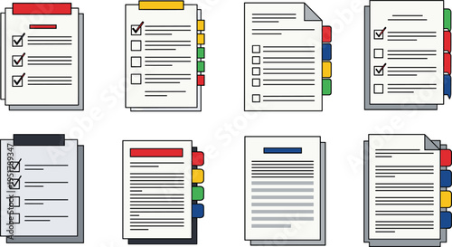 Vector illustration set of colorful checklists featuring task management documents, organizational tabs, completed boxes, productivity icons, and office design.