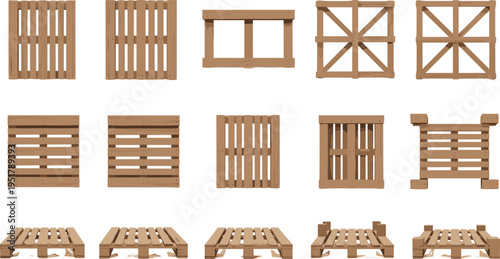 Wooden pallet and crate collection with different angles shipping packaging storage wooden platform vector illustration set