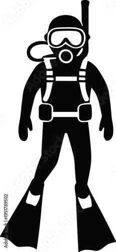Scuba diver silhouette icon with diving gear and flippers  underwater, ocean, sport, swimming, gear, equipment, oxygen tank, 
