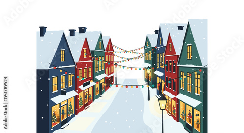 A festive winter street scene with colorful gabled buildings and string lights recedes into the distance under falling snowflakes.