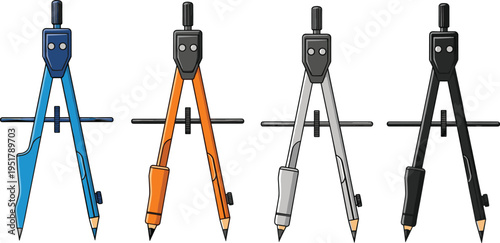 Vector illustration set of drawing compasses featuring geometry tools, drafting instruments, technical design equipment, and educational math icons.