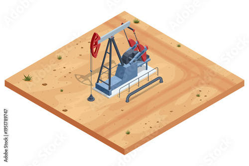 Isometric oil industry pump jack line, storage tank, pipeline, refinery equipment in desert field. Petroleum extraction, energy production, industrial, fuel supply, resource economy, fossil power