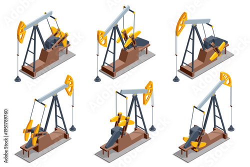 Isometric oil industry pump jack line, storage tank, pipeline, refinery equipment in desert field. Petroleum extraction, energy production, industrial, fuel supply, resource economy, fossil power