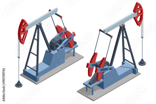 Isometric oil industry pump jack line, storage tank, pipeline, refinery equipment in desert field. Petroleum extraction, energy production, industrial, fuel supply, resource economy, fossil power
