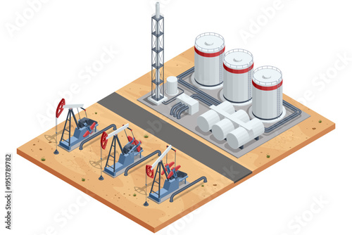 Isometric oil industry pump jack line, storage tank, pipeline, refinery equipment in desert field. Petroleum extraction, energy production, industrial, fuel supply, resource economy, fossil power