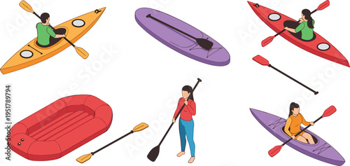 Kayaking and paddle boating activity collection with kayak canoe inflatable boat paddles and people water sport vector illustration set