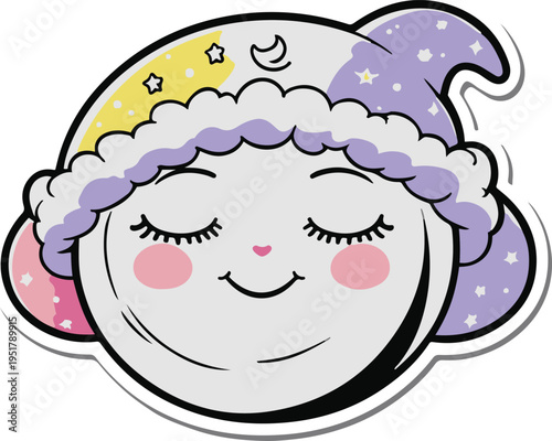 Colorful bold line art sticker of a sleepy moon wearing a nightcap, cozy cute design, white background