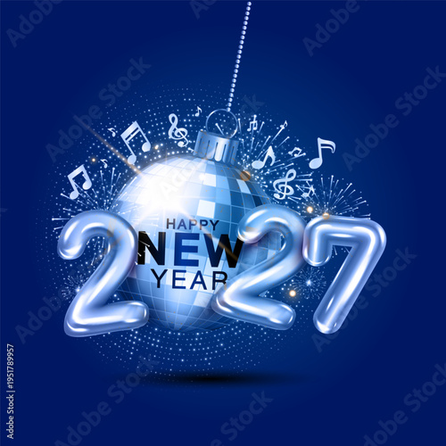 Carnival welcome new year 2027, music disco ball, party with Christmas eve invite background.