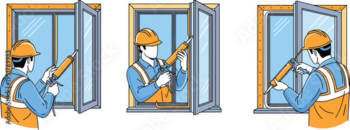 Vector illustration of construction worker sealing window frame with caulking gun, safety vest, hard hat, and home improvement tools.