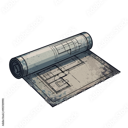 Architectural blueprint rolled out, showing house plan with rooms and walls.