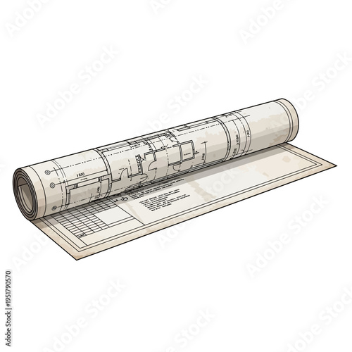 Rolled Blueprint Document on White Background