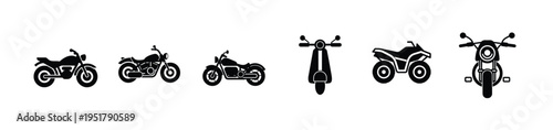 Motorcycle and motorbike silhouette icon featuring cruiser chopper scooter and quad bike for transportation travel more vector illustration.