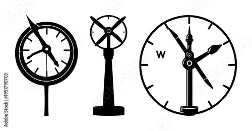 Anemometer set with flat vector icon of a wind gauge featuring bold outlines, solid black, white background with weather symbol and anemometer illustration