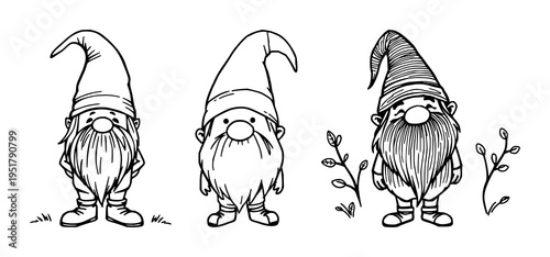 Forest gnome set with doodle style illustration featuring thick marker lines, playful style, whimsical with forest and nature