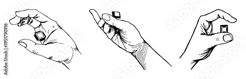 Hand set with sketchbook style drawing of tiny microchip held in hand featuring black ink, art, technology with invisible tech and minimalism