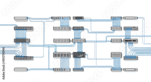 A detailed illustration displays a complex network of interconnected grey server racks and switches with numerous blue cables on a clean white background.