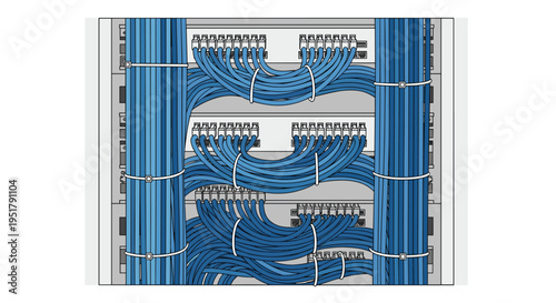 A close-up illustration depicts blue network cables neatly bundled with white zip ties inside a grey server rack.