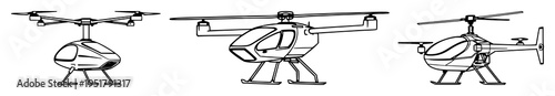 Electric vertical takeoff and landing craft set with minimalist line art featuring urban air mobility, electric aircraft, aviation with white background and flat design