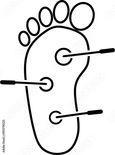 Simple line art of Human foot anatomy with acupuncture needles for spa reflexology promotion purpose
