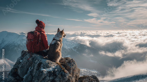 Explore adventure outdoor in National Park. A person and a dog perched atop a snowcovered mountain, gazing out over a vast expanse of snowcapped peaks. The person wears a red jacket and a backpack.