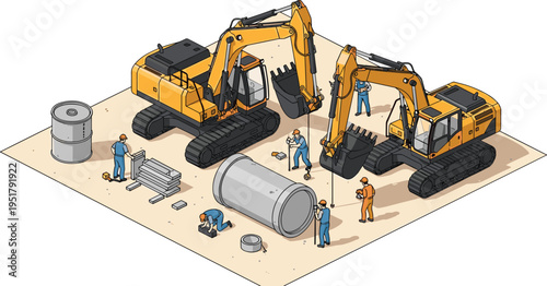 Construction site with excavators workers and equipment industrial building process heavy machinery engineering vector illustration