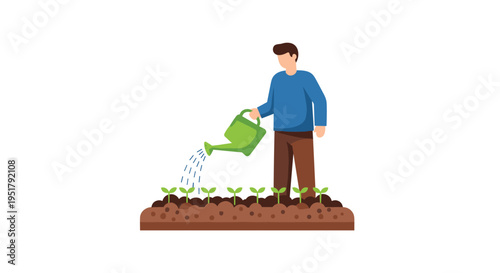 A man in a blue shirt waters a row of seven small green seedlings in brown soil with a green watering can.